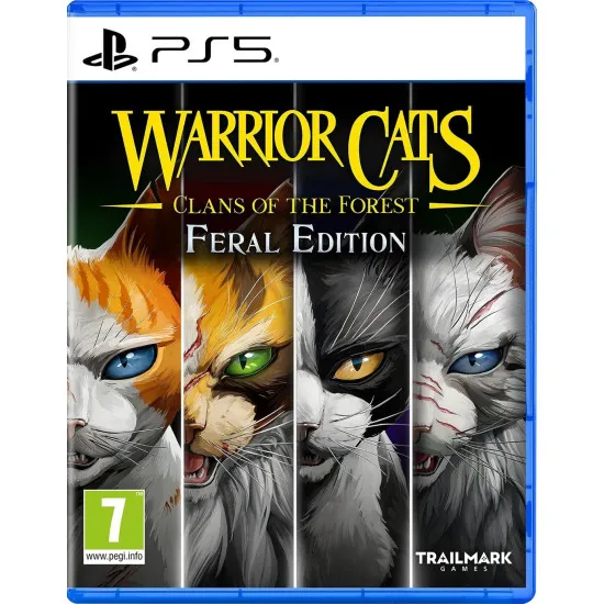 PlayStation 5 game case for Warrior Cats Clans of the Forest Feral Edition featuring forest warriors under StarClan spirits