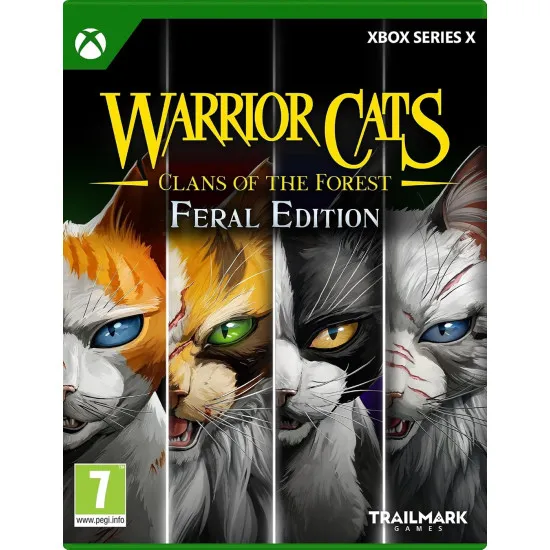 Xbox Series X game case for Warrior Cats Clans of the Forest Feral Edition showcasing Clan warriors gathering at the Moonpool