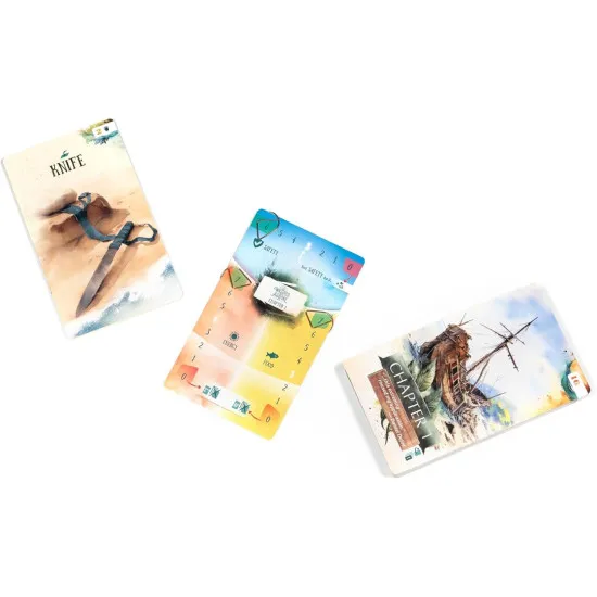 Box art for Washed Ashore card game showing a stranded survivor on a deserted island shoreline
