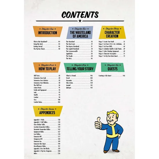 A hardcover roleplaying book styled like a weathered blue and yellow Vault-Tec manual, featuring a Pip-Boy displaying a map of the irradiated surface