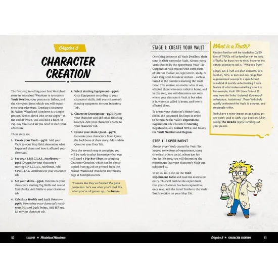 A hardcover roleplaying book styled like a weathered blue and yellow Vault-Tec manual, featuring a Pip-Boy displaying a map of the irradiated surface