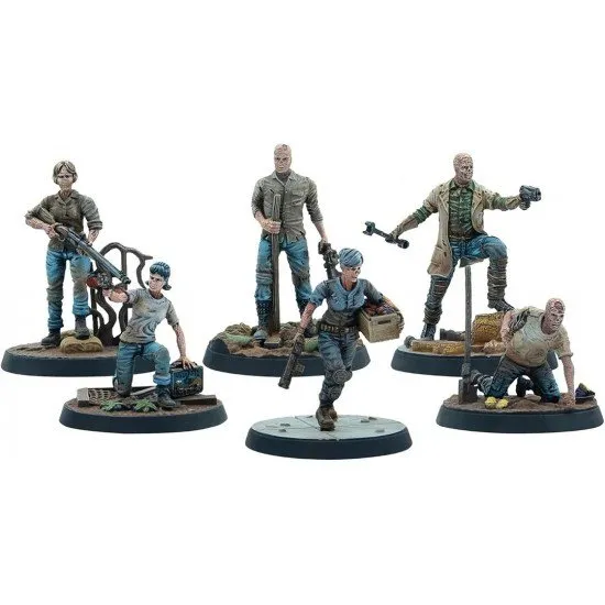 Fallout Wasteland Warfare Survivors Ghoul Settlers Modiphius Miniatures Fallout Wasteland Warfare Survivors Ghoul Settlers miniature set box art showing the six civilian ghoul figures, including Wiseman and other named settlers