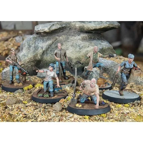 Fallout Wasteland Warfare Survivors Ghoul Settlers Modiphius Miniatures Fallout Wasteland Warfare Survivors Ghoul Settlers miniature set box art showing the six civilian ghoul figures, including Wiseman and other named settlers