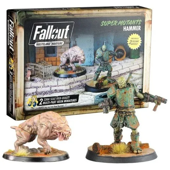 Fallout Wasteland Warfare Super Mutants Hammer Modiphius Miniatures Fallout Wasteland Warfare Super Mutants Hammer miniature set box art showing the massive Super Mutant Hammer figure and the Super Mutant Hound creature