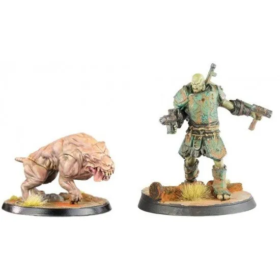Fallout Wasteland Warfare Super Mutants Hammer Modiphius Miniatures Fallout Wasteland Warfare Super Mutants Hammer miniature set box art showing the massive Super Mutant Hammer figure and the Super Mutant Hound creature