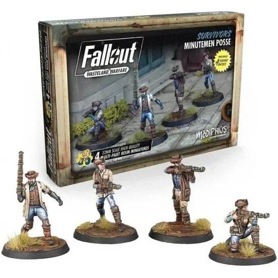 Fallout Wasteland Warfare Survivors Minutemen Modiphius Miniatures Fallout Wasteland Warfare Survivors Minutemen miniature set box art showing the four Minutemen figures in various poses