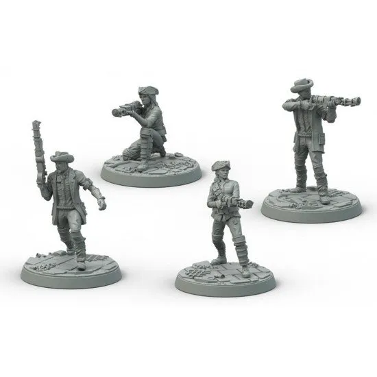 Fallout Wasteland Warfare Survivors Minutemen Modiphius Miniatures Fallout Wasteland Warfare Survivors Minutemen miniature set box art showing the four Minutemen figures in various poses