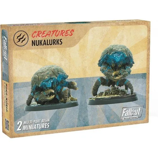 Fallout Wasteland Warfare Nukalurks miniature box art showing two Nuka-Cola Quantum glowing crustacean creatures