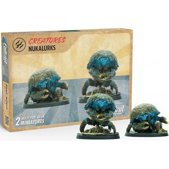 Fallout Wasteland Warfare Nukalurks miniature box art showing two Nuka-Cola Quantum glowing crustacean creatures