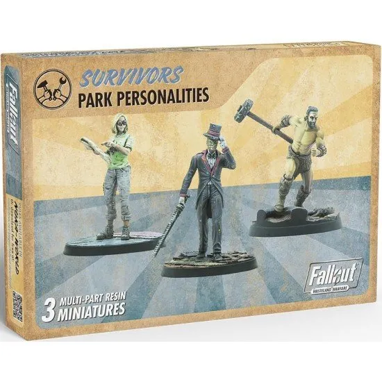 Fallout Wasteland Warfare Survivors Park Personalities Modiphius Miniatures Fallout Wasteland Warfare Survivors Park Personalities miniature set box art showing the three unique characters: Cito, Oswald, and Sierra Petrovita