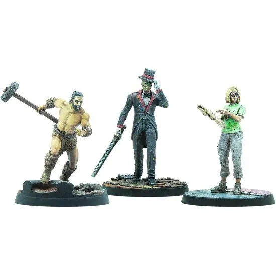 Fallout Wasteland Warfare Survivors Park Personalities Modiphius Miniatures Fallout Wasteland Warfare Survivors Park Personalities miniature set box art showing the three unique characters: Cito, Oswald, and Sierra Petrovita
