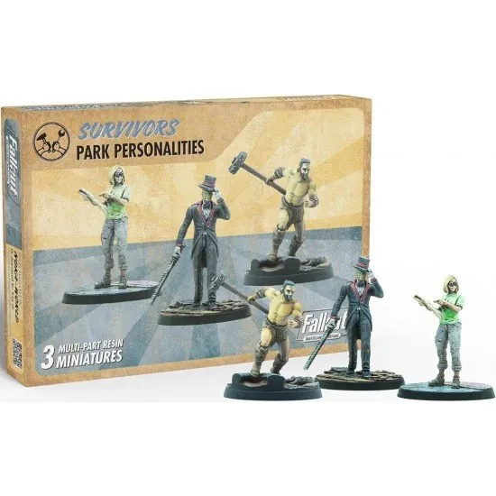Fallout Wasteland Warfare Survivors Park Personalities Modiphius Miniatures Fallout Wasteland Warfare Survivors Park Personalities miniature set box art showing the three unique characters: Cito, Oswald, and Sierra Petrovita