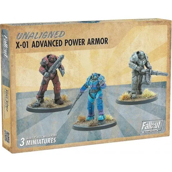 Fallout Wasteland Warfare X-01 Advanced Power Armor Modiphius Miniatures Fallout Wasteland Warfare X-01 Advanced Power Armor miniature box art showing the formidable, unaligned power armor suit