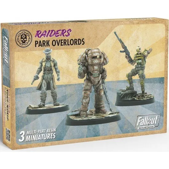 Fallout Wasteland Warfare Raiders Overlords miniature set box art showing the three Nuka-World raider leaders: Colter, Porter Gage, and Shank