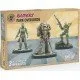 Fallout Wasteland Warfare Raiders Overlords miniature set box art showing the three Nuka-World raider leaders: Colter, Porter Gage, and Shank