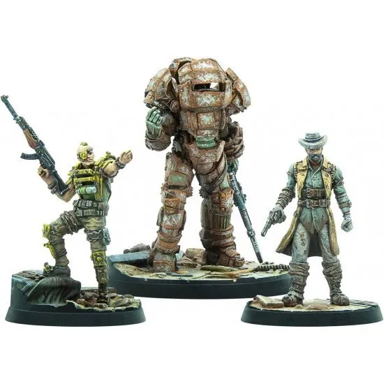 Fallout Wasteland Warfare Raiders Overlords miniature set box art showing the three Nuka-World raider leaders: Colter, Porter Gage, and Shank
