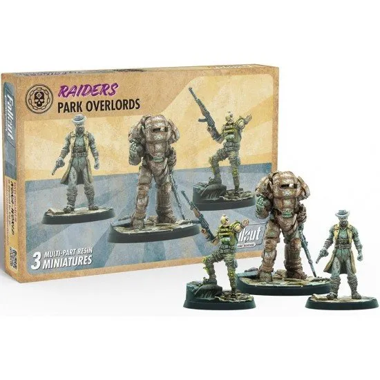 Fallout Wasteland Warfare Raiders Overlords miniature set box art showing the three Nuka-World raider leaders: Colter, Porter Gage, and Shank