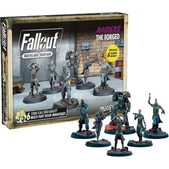 Fallout Wasteland Warfare The Forged miniature set box art showing the six highly detailed raider figures, including the leaders Slag and Bedlam