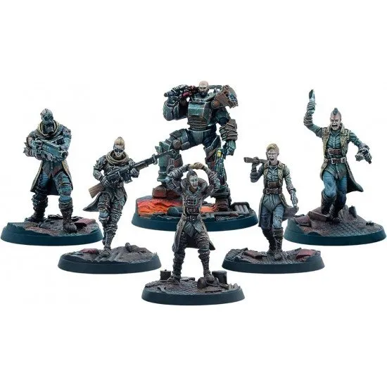 Fallout Wasteland Warfare The Forged miniature set box art showing the six highly detailed raider figures, including the leaders Slag and Bedlam