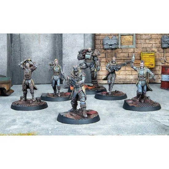 Fallout Wasteland Warfare The Forged miniature set box art showing the six highly detailed raider figures, including the leaders Slag and Bedlam