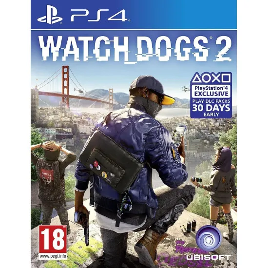 Watch Dogs 2 PS4 game case featuring Marcus Holloway and San Francisco Bay Area open-world hacking artwork