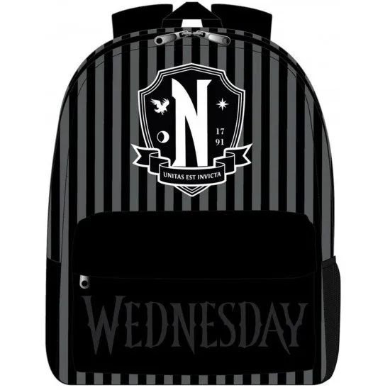 Wednesday Logo Backpack showing the unique, gloomy design and the official logo motif from the popular Netflix series