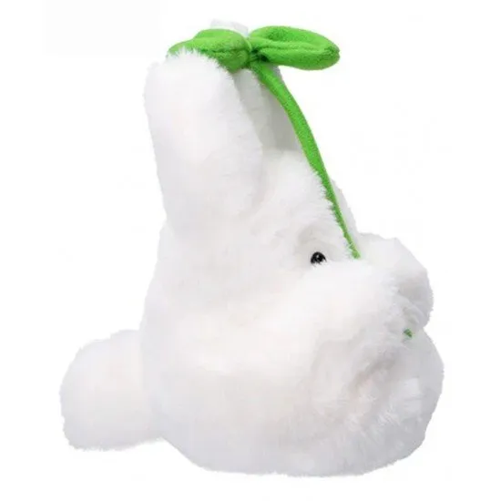 Small White Totoro plush holding a green fabric leaf between its paws