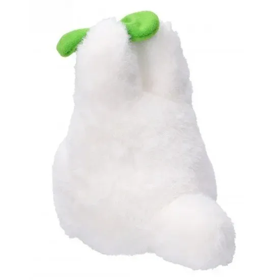 Small White Totoro plush holding a green fabric leaf between its paws