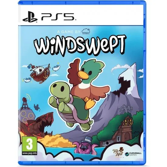 A PlayStation 5 game case showing a cheerful cartoon duck and a sturdy turtle jumping across floating grassy platforms in a colorful, windy fantasy landscape