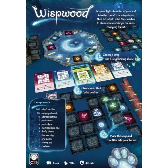 Wispwood board game showing colourful glowing wisp tiles and magical forest grid placement puzzle