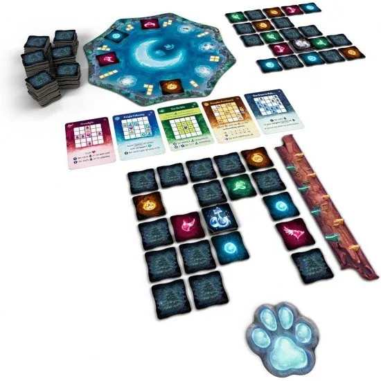 Wispwood board game showing colourful glowing wisp tiles and magical forest grid placement puzzle