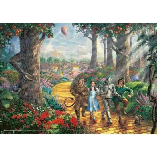 Thomas Kinkade The Wizard of Oz 1000 Piece Puzzle The box art for The Wizard of Oz 1000-piece puzzle by Thomas Kinkade, showing Dorothy, Toto, and her friends on the Yellow Brick Road leading to the Emerald City in Kinkade's luminous style.