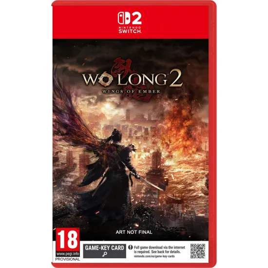 Nintendo Switch 2 game case for Wo Long 2 Wings of Ember showing dynamic martial arts sword combat against a fiery demon