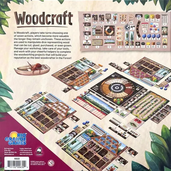 Box art for Woodcraft board game showing forest folk crafting wooden items in a woodland workshop