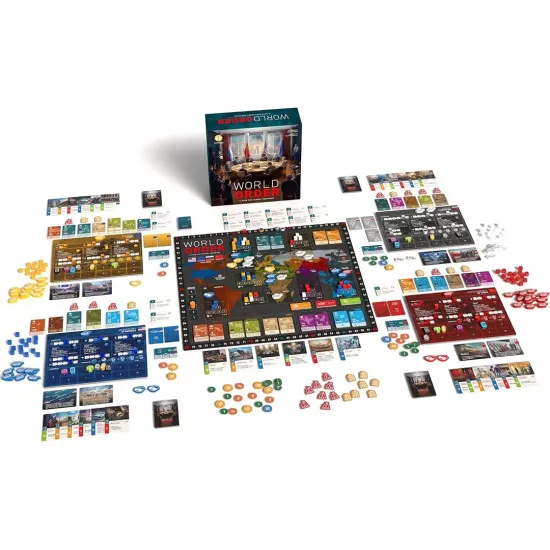 Box art for World Order board game displaying a stylized world map representing geopolitical dominance