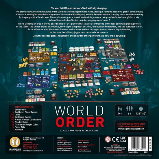 Box art for World Order board game displaying a stylized world map representing geopolitical dominance