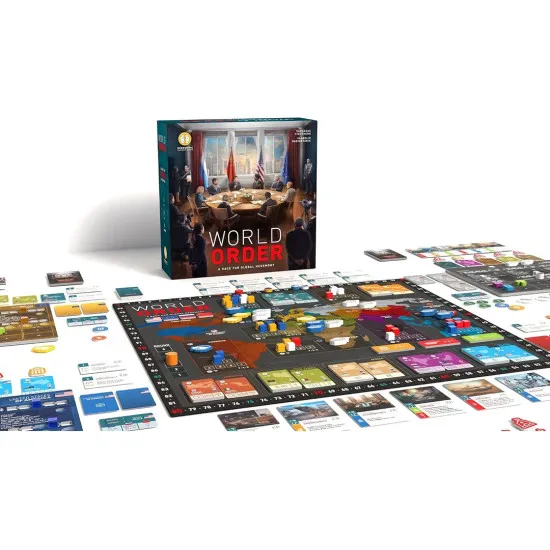 Box art for World Order board game displaying a stylized world map representing geopolitical dominance