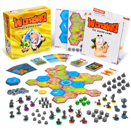 Worms The Board Game 30th Anniversary Edition box featuring classic Worms video game characters and tactical combat artwork