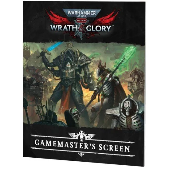 Warhammer 40,000 Wrath and Glory Gamemaster Screen showing epic artwork of Imperial forces or Chaos forces