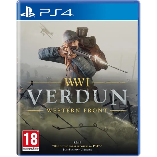 PlayStation 4 game case for WWI Verdun Western Front featuring Allied and Central Powers soldiers fighting in mud-soaked trenches