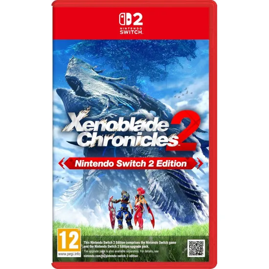 A Nintendo Switch 2 game case showing Rex and Pyra standing together on a grassy cliffside looking out at a colossal living Titan wading through a vast sea of white clouds