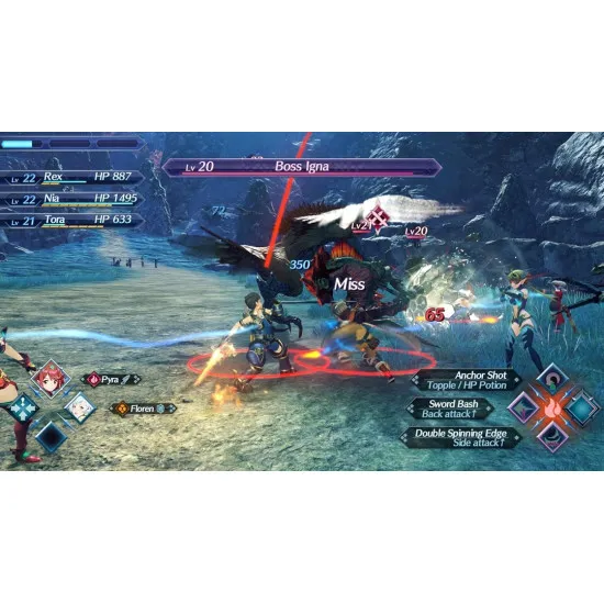 A Nintendo Switch 2 game case showing Rex and Pyra standing together on a grassy cliffside looking out at a colossal living Titan wading through a vast sea of white clouds