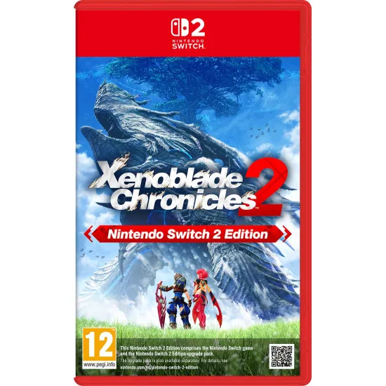 A Nintendo Switch 2 game case showing Rex and Pyra standing together on a grassy cliffside looking out at a colossal living Titan wading through a vast sea of white clouds