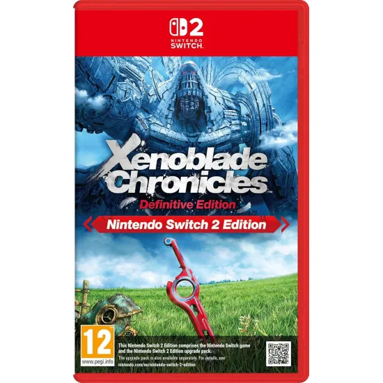 A Nintendo Switch 2 game case featuring Shulk standing on a lush green cliff holding the glowing red Monado sword, looking out at the colossal, distant frozen body of the Mechonis