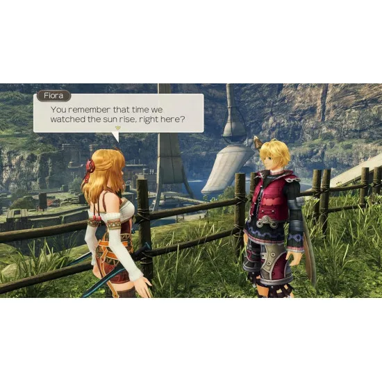 A Nintendo Switch 2 game case featuring Shulk standing on a lush green cliff holding the glowing red Monado sword, looking out at the colossal, distant frozen body of the Mechonis