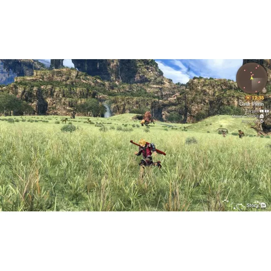 A Nintendo Switch 2 game case featuring Shulk standing on a lush green cliff holding the glowing red Monado sword, looking out at the colossal, distant frozen body of the Mechonis