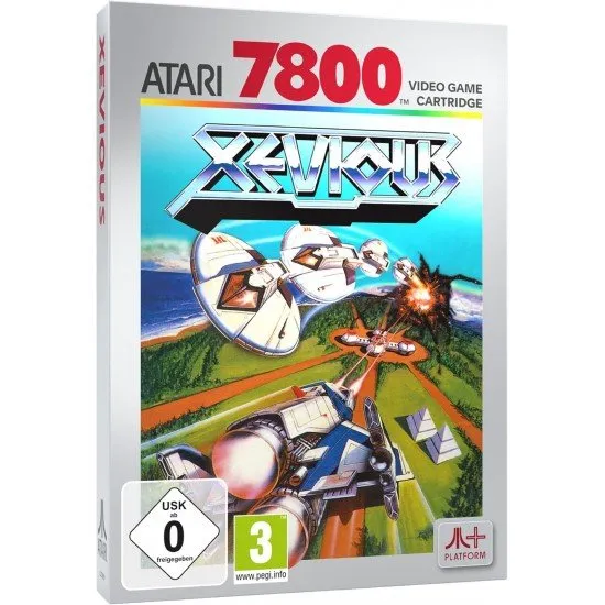 XEVIOUS Atari 7800 Classic Vertical Shooter XEVIOUS Atari 7800 game box art showing the Solvalou fighter blasting both air and ground enemies over a scrolling landscape