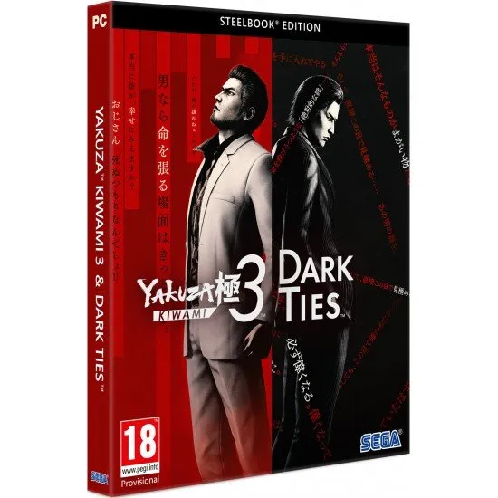 Yakuza Kiwami 3 & Dark Ties Steelbook PC box art showing Kazuma Kiryu and Yoshitaka Mine, emphasizing the dual storyline