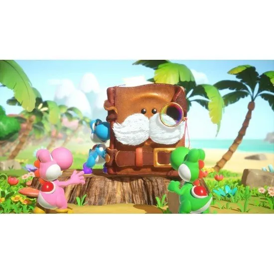 Yoshi jumping through a vibrant paper-craft world alongside a floating book with eyes