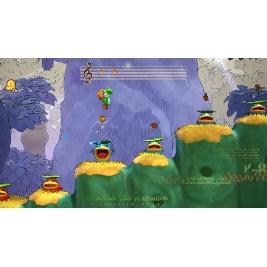 Yoshi jumping through a vibrant paper-craft world alongside a floating book with eyes